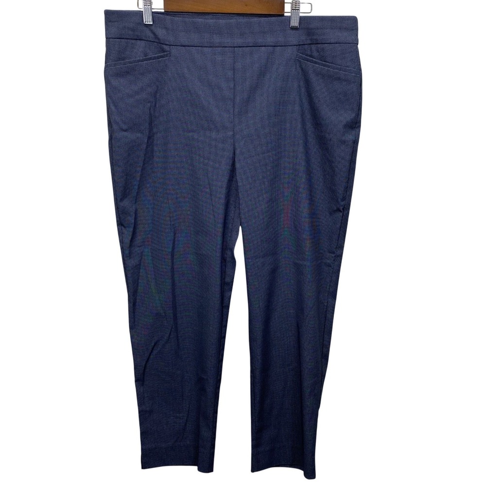 Chico's Pull On Tapered Pants Women 3R 16R Navy Blue Micro Check Stretch Career